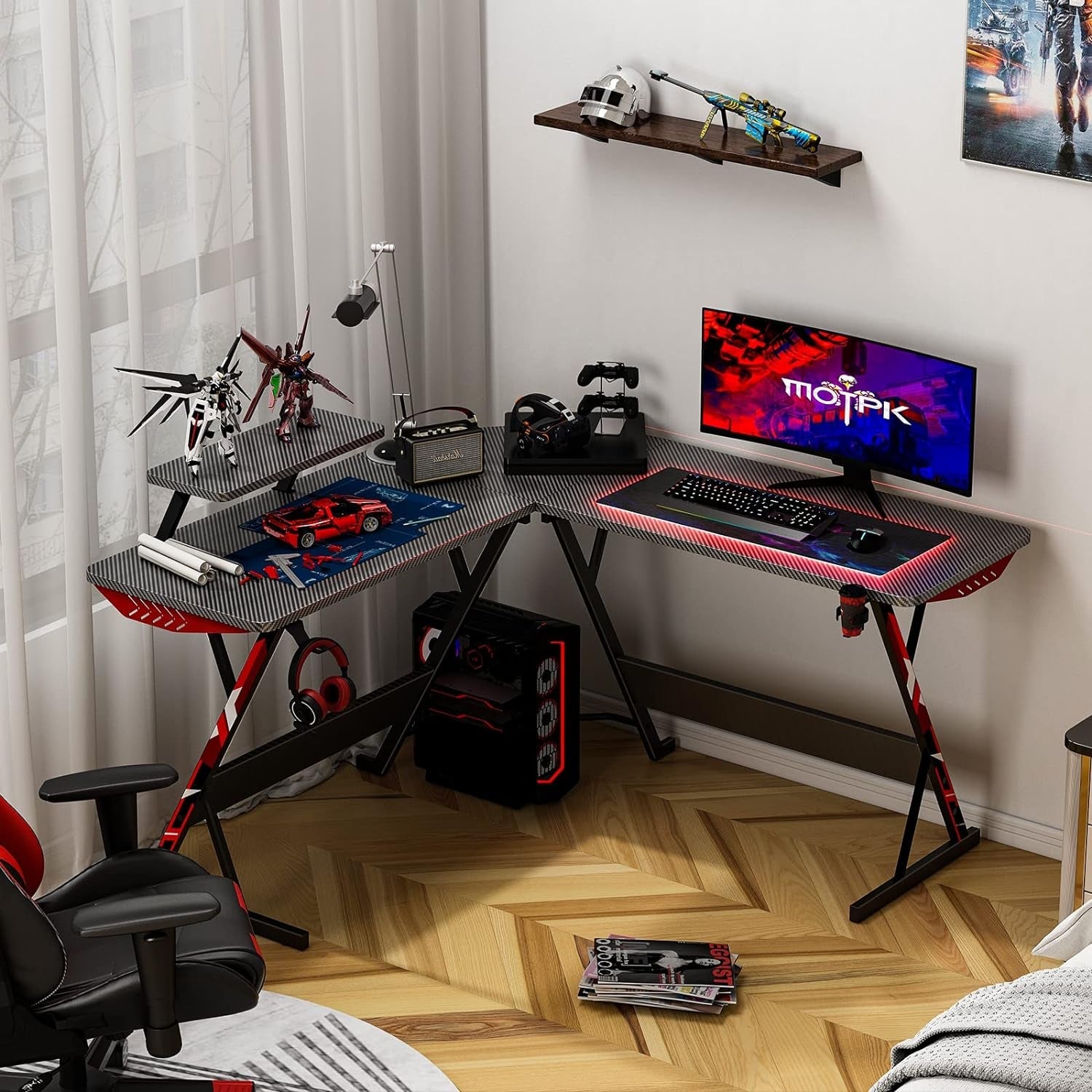L Shaped Gaming Desk with Carbon Fiber Surface, Corner Computer Desk L Shape with Monitor Shelf, Gamer Desk Gaming Table with Cup Holder & Headphone Hook, Black, 51 Inch